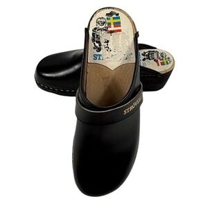 Strovels Swedish Wooden Clogs Black Leather Stapled Mules Womens 38 Sweden